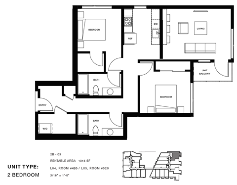 Floor plan for 2 beds, 2 baths, 1015 sqft